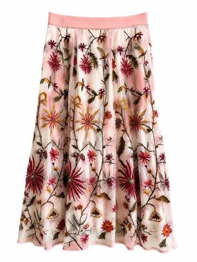 NWT Soft Surroundings Splendor Maxi Skirt Cloud Gray Floral Embroidered